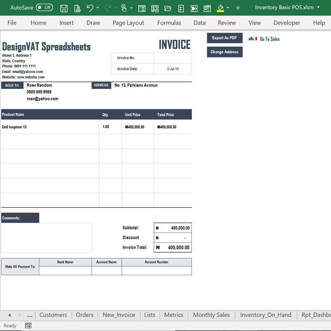 DesignVAT Excel Inventory Tracking Spreadsheet