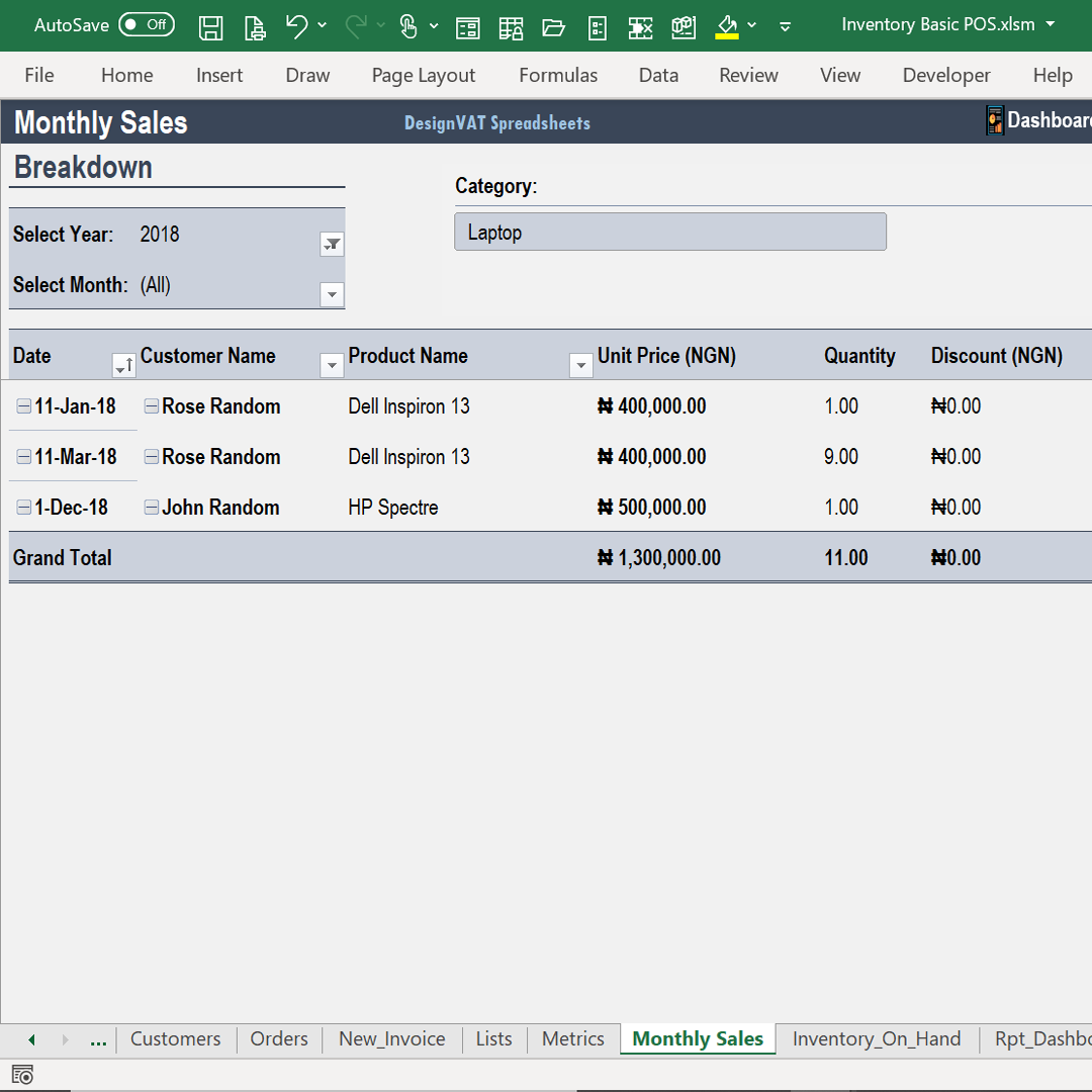 DesignVAT Excel Inventory Tracking Spreadsheet