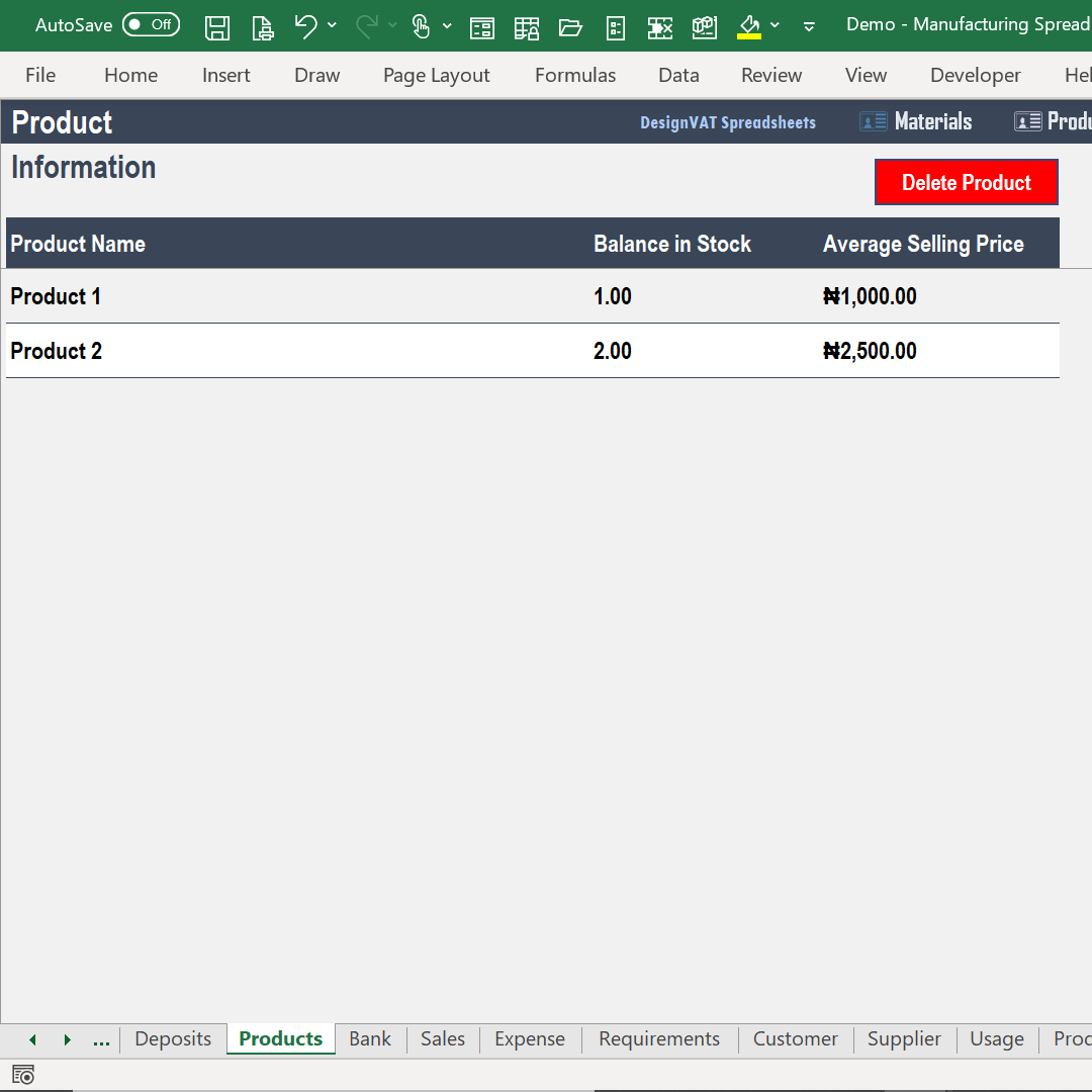 DesignVAT Excel Inventory Tracking Spreadsheet