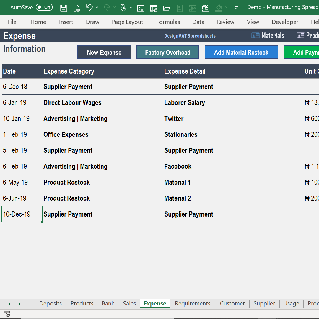 DesignVAT Excel Inventory Tracking Spreadsheet