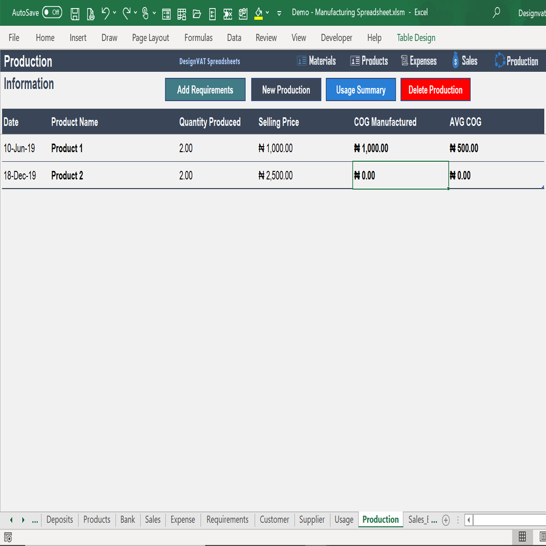 DesignVAT Excel Inventory Tracking Spreadsheet