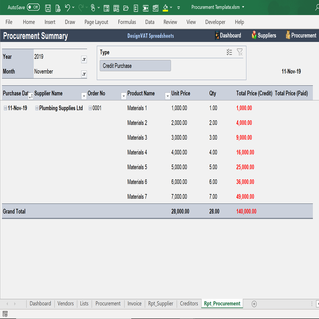 DesignVAT Excel Inventory Tracking Spreadsheet
