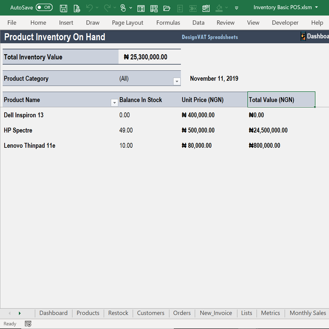 DesignVAT Excel Inventory Tracking Spreadsheet