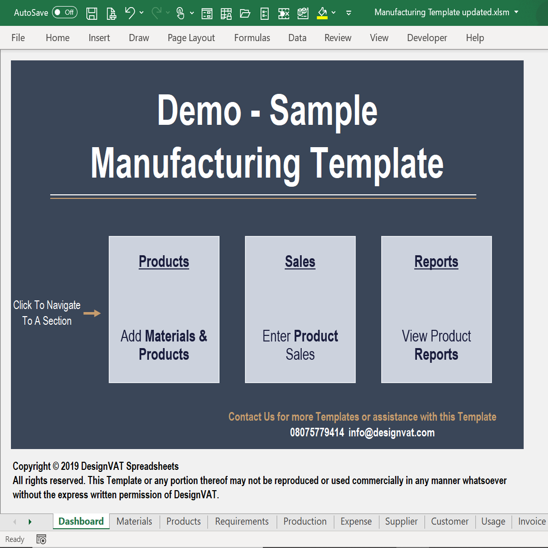 DesignVAT Microsoft Excel Manufacturing Account