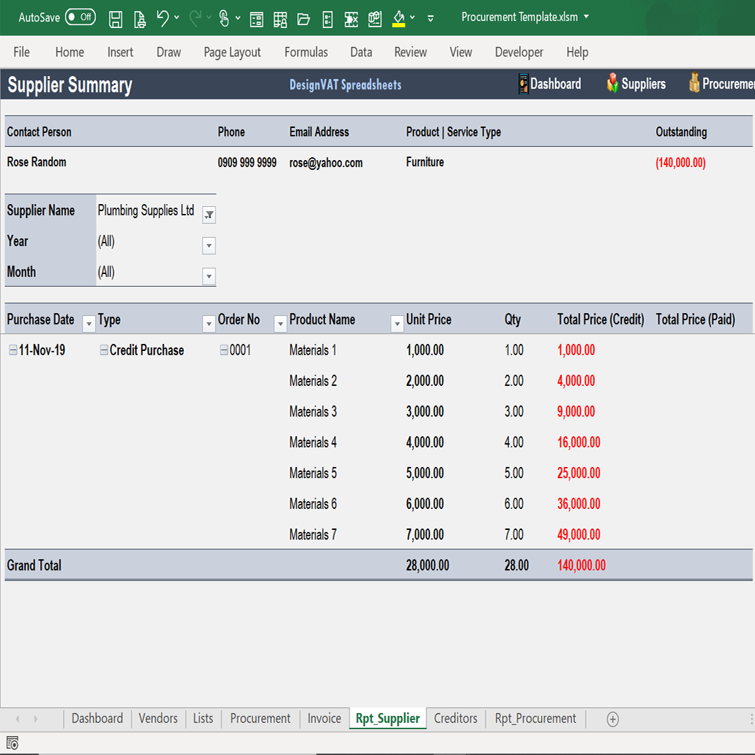 DesignVAT Microsoft Excel Vendor Tracking Spreadsheet